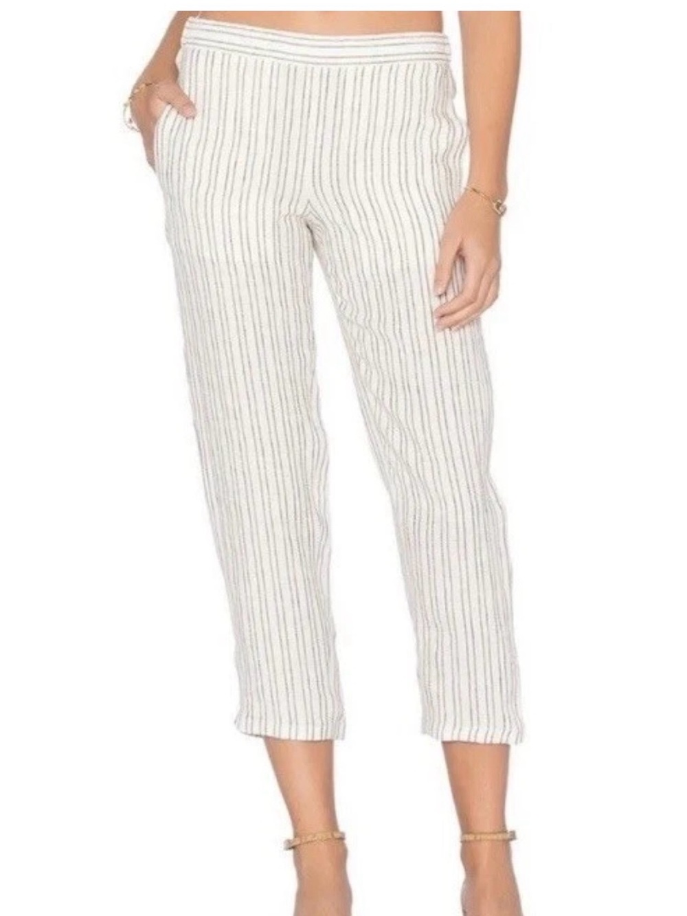 Theory Linen Cream W/ Blue Striped Pants. Cropped. Preppy. Luxury. Sz 4 Stretch